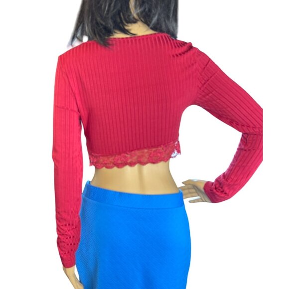 Red Long Sleeve Ribbed Crop Shirt Lace Trim V-Neck Small Y2K Cyber Retro - Picture 5 of 6